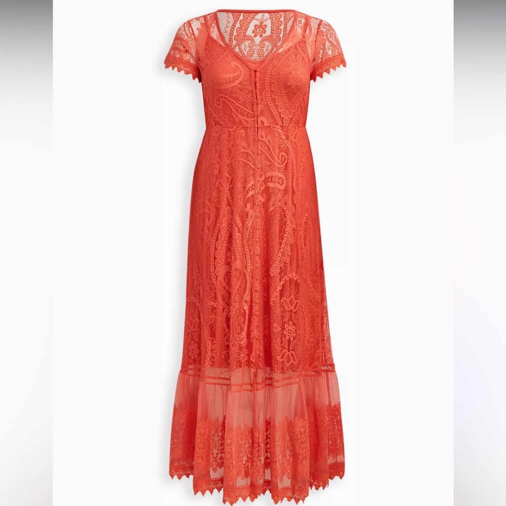 NWT Torrid Maxi Lace‎ Button-Front Dress in orange/pink